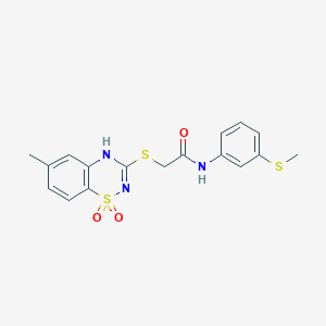 molecular formula C17H17N3O3S3 B2722193 2-((6-methyl-1,1-dioxido-4H-benzo[e][1,2,4]thiadiazin-3-yl)thio)-N-(3-(methylthio)phenyl)acetamide CAS No. 899976-56-8