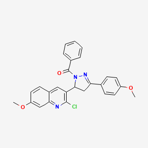molecular formula C27H22ClN3O3 B2722221 3-[1-benzoyl-3-(4-methoxyphenyl)-4,5-dihydro-1H-pyrazol-5-yl]-2-chloro-7-methoxyquinoline CAS No. 442649-55-0