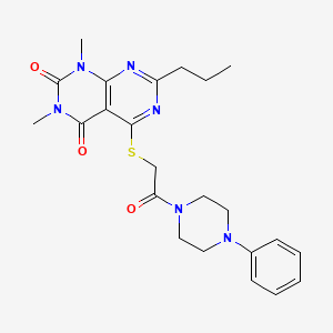 molecular formula C23H28N6O3S B2722257 1,3-dimethyl-5-((2-oxo-2-(4-phenylpiperazin-1-yl)ethyl)thio)-7-propylpyrimido[4,5-d]pyrimidine-2,4(1H,3H)-dione CAS No. 852170-72-0