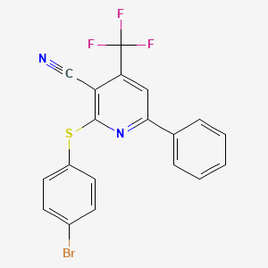 molecular formula C19H10BrF3N2S B2722296 2-[(4-Bromophenyl)sulfanyl]-6-phenyl-4-(trifluoromethyl)nicotinonitrile CAS No. 338749-49-8