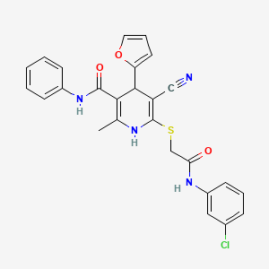 molecular formula C26H21ClN4O3S B2722410 6-((2-((3-chlorophenyl)amino)-2-oxoethyl)thio)-5-cyano-4-(furan-2-yl)-2-methyl-N-phenyl-1,4-dihydropyridine-3-carboxamide CAS No. 361372-59-0
