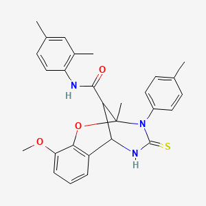 molecular formula C28H29N3O3S B2722429 N-(2,4-dimethylphenyl)-10-methoxy-2-methyl-3-(4-methylphenyl)-4-thioxo-3,4,5,6-tetrahydro-2H-2,6-methano-1,3,5-benzoxadiazocine-11-carboxamide CAS No. 1022462-80-1