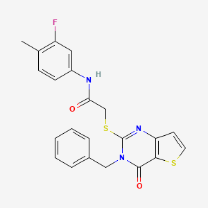 molecular formula C22H18FN3O2S2 B2722562 2-[(3-苄基-4-氧代-3,4-二氢噻吩并[3,2-d]嘧啶-2-基)硫代]-N-(3-氟-4-甲基苯基)乙酰胺 CAS No. 1252825-70-9