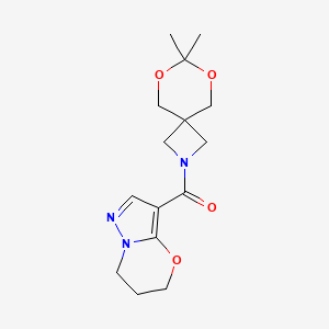 molecular formula C15H21N3O4 B2722576 (6,7-dihydro-5H-pyrazolo[5,1-b][1,3]oxazin-3-yl)(7,7-dimethyl-6,8-dioxa-2-azaspiro[3.5]nonan-2-yl)methanone CAS No. 1428347-94-7