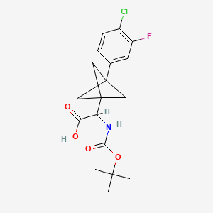 molecular formula C18H21ClFNO4 B2722623 2-[3-(4-Chloro-3-fluorophenyl)-1-bicyclo[1.1.1]pentanyl]-2-[(2-methylpropan-2-yl)oxycarbonylamino]acetic acid CAS No. 2287260-20-0