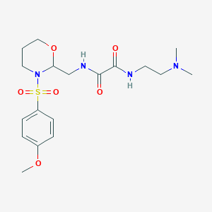 molecular formula C18H28N4O6S B2722636 N1-(2-(二甲基氨基)乙基)-N2-((3-((4-甲氧基苯基)磺酰)-1,3-噁唑烷-2-基)甲基)草酰胺 CAS No. 872862-89-0