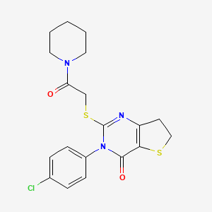 molecular formula C19H20ClN3O2S2 B2722650 3-(4-Chlorophenyl)-2-(2-oxo-2-piperidin-1-ylethyl)sulfanyl-6,7-dihydrothieno[3,2-d]pyrimidin-4-one CAS No. 687563-01-5