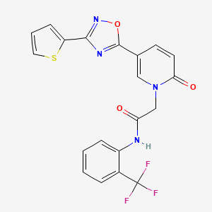 molecular formula C20H13F3N4O3S B2722652 2-[2-oxo-5-[3-(2-thienyl)-1,2,4-oxadiazol-5-yl]pyridin-1(2H)-yl]-N-[2-(trifluoromethyl)phenyl]acetamide CAS No. 1396863-21-0