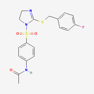 molecular formula C18H18FN3O3S2 B2722704 N-[4-[[2-[(4-fluorophenyl)methylsulfanyl]-4,5-dihydroimidazol-1-yl]sulfonyl]phenyl]acetamide CAS No. 868216-90-4