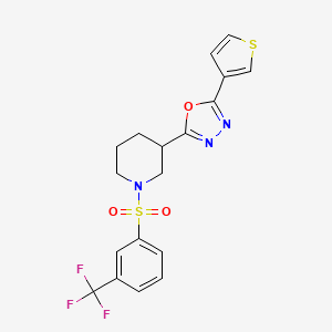 molecular formula C18H16F3N3O3S2 B2722833 2-(Thiophen-3-yl)-5-(1-((3-(trifluoromethyl)phenyl)sulfonyl)piperidin-3-yl)-1,3,4-oxadiazole CAS No. 1797847-64-3