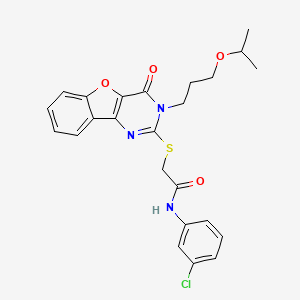 molecular formula C24H24ClN3O4S B2722953 N-(3-chlorophenyl)-2-({4-oxo-3-[3-(propan-2-yloxy)propyl]-3,4-dihydro[1]benzofuro[3,2-d]pyrimidin-2-yl}sulfanyl)acetamide CAS No. 900004-16-2