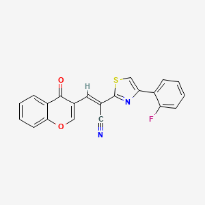 molecular formula C21H11FN2O2S B2722981 (E)-2-[4-(2-氟苯基)-1,3-噻唑-2-基]-3-(4-氧代-3-基-香豆素-3-基)丙-2-烯腈 CAS No. 861211-44-1