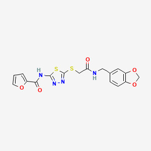 molecular formula C17H14N4O5S2 B2723023 N-(5-((2-((benzo[d][1,3]dioxol-5-ylmethyl)amino)-2-oxoethyl)thio)-1,3,4-thiadiazol-2-yl)furan-2-carboxamide CAS No. 868976-77-6