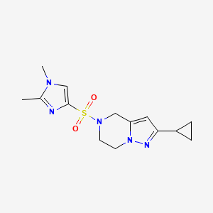 molecular formula C14H19N5O2S B2723027 2-cyclopropyl-5-((1,2-dimethyl-1H-imidazol-4-yl)sulfonyl)-4,5,6,7-tetrahydropyrazolo[1,5-a]pyrazine CAS No. 2034279-08-6