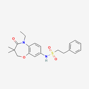 molecular formula C21H26N2O4S B2723080 N-(5-乙基-3,3-二甲基-4-氧代-2,3,4,5-四氢苯并[b][1,4]噁唑-8-基)-2-苯乙烷磺酰胺 CAS No. 922094-18-6