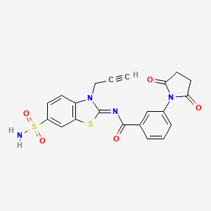 molecular formula C21H16N4O5S2 B2723110 3-(2,5-dioxopyrrolidin-1-yl)-N-(3-prop-2-ynyl-6-sulfamoyl-1,3-benzothiazol-2-ylidene)benzamide CAS No. 865182-26-9