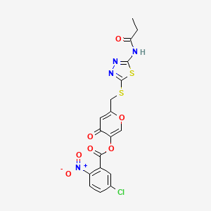 molecular formula C18H13ClN4O7S2 B2723154 4-oxo-6-(((5-propionamido-1,3,4-thiadiazol-2-yl)thio)methyl)-4H-pyran-3-yl 5-chloro-2-nitrobenzoate CAS No. 896019-40-2