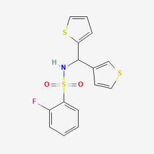 molecular formula C15H12FNO2S3 B2723216 2-fluoro-N-(thiophen-2-yl(thiophen-3-yl)methyl)benzenesulfonamide CAS No. 2034419-79-7