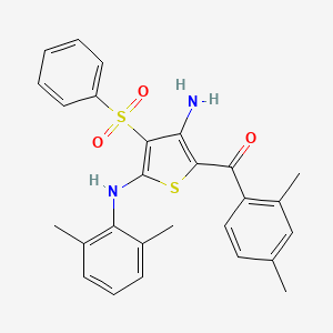 molecular formula C27H26N2O3S2 B2723219 (3-Amino-5-((2,6-dimethylphenyl)amino)-4-(phenylsulfonyl)thiophen-2-yl)(2,4-dimethylphenyl)methanone CAS No. 892289-27-9