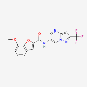 molecular formula C17H11F3N4O3 B2723226 7-甲氧基-N-(2-(三氟甲基)吡唑并[1,5-a]嘧啶-6-基)苯并呋酮-2-甲酰胺 CAS No. 2034234-70-1