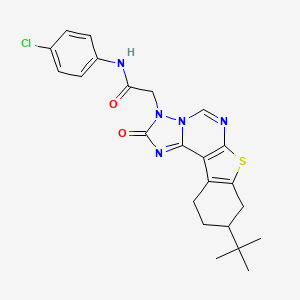 molecular formula C23H24ClN5O2S B2723251 2-{13-tert-butyl-4-oxo-10-thia-3,5,6,8-tetraazatetracyclo[7.7.0.0^{2,6}.0^{11,16}]hexadeca-1(9),2,7,11(16)-tetraen-5-yl}-N-(4-chlorophenyl)acetamide CAS No. 1189858-53-4