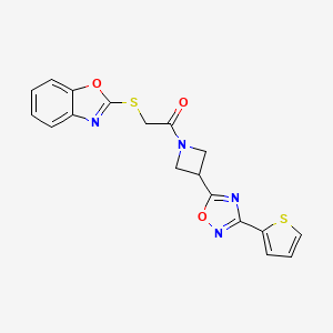 molecular formula C18H14N4O3S2 B2723258 2-(Benzo[d]oxazol-2-ylthio)-1-(3-(3-(thiophen-2-yl)-1,2,4-oxadiazol-5-yl)azetidin-1-yl)ethanone CAS No. 1331267-47-0