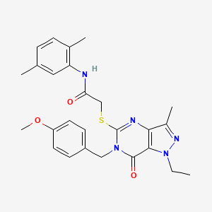 molecular formula C26H29N5O3S B2723260 N-(2,5-dimethylphenyl)-2-((1-ethyl-6-(4-methoxybenzyl)-3-methyl-7-oxo-6,7-dihydro-1H-pyrazolo[4,3-d]pyrimidin-5-yl)thio)acetamide CAS No. 1358373-27-9