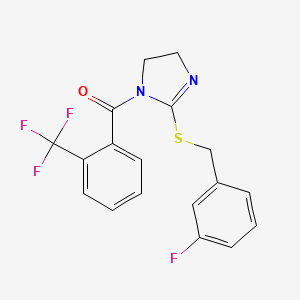 molecular formula C18H14F4N2OS B2723274 [2-[(3-Fluorophenyl)methylsulfanyl]-4,5-dihydroimidazol-1-yl]-[2-(trifluoromethyl)phenyl]methanone CAS No. 851865-22-0