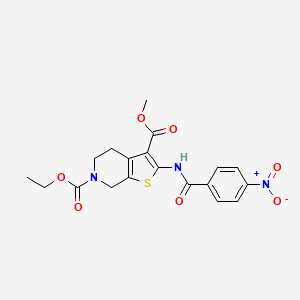 molecular formula C19H19N3O7S B2723284 6-乙基-3-甲基-2-(4-硝基苯甲酰基)-4,5-二氢噻吩并[2,3-c]吡啶-3,6(7H)-二甲酸酯 CAS No. 921160-72-7