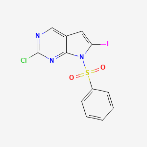 molecular formula C12H7ClIN3O2S B2723321 2-Chloro-6-iodo-7-(phenylsulfonyl)-7H-pyrrolo[2,3-d]pyrimidine CAS No. 1638760-67-4