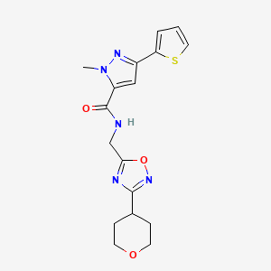 molecular formula C17H19N5O3S B2723346 1-methyl-N-((3-(tetrahydro-2H-pyran-4-yl)-1,2,4-oxadiazol-5-yl)methyl)-3-(thiophen-2-yl)-1H-pyrazole-5-carboxamide CAS No. 2034227-88-6