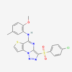 molecular formula C21H16ClN5O3S2 B2723366 3-((4-氯苯基)磺酰)-N-(2-甲氧基-5-甲基苯基)噻吩[2,3-e][1,2,3]噻唑并[1,5-a]嘧啶-5-胺 CAS No. 892738-80-6