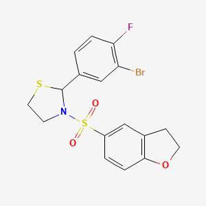 molecular formula C17H15BrFNO3S2 B2723383 2-(3-溴-4-氟苯基)-3-((2,3-二氢苯并呋喃-5-基)磺酰)噻唑烷 CAS No. 2034378-22-6