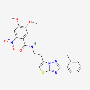 molecular formula C22H21N5O5S B2723392 4,5-dimethoxy-2-nitro-N-(2-(2-(o-tolyl)thiazolo[3,2-b][1,2,4]triazol-6-yl)ethyl)benzamide CAS No. 897612-53-2