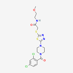 molecular formula C18H21Cl2N5O3S2 B2723400 2-((5-(4-(2,4-二氯苯甲酰)哌嗪-1-基)-1,3,4-噻二唑-2-基)硫)-N-(2-甲氧基乙基)乙酰胺 CAS No. 1105228-32-7