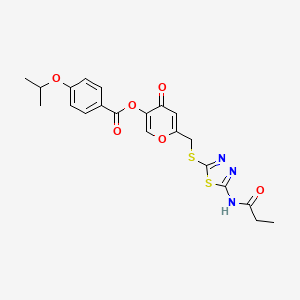 molecular formula C21H21N3O6S2 B2723445 4-氧代-6-(((5-丙酰胺基-1,3,4-噻二唑-2-基)硫代)甲基)-4H-吡喃-3-基 4-异丙氧基苯甲酸酯 CAS No. 896017-78-0