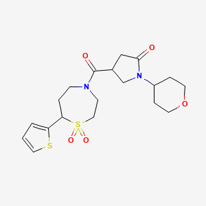 molecular formula C19H26N2O5S2 B2723492 4-(1,1-dioxido-7-(thiophen-2-yl)-1,4-thiazepane-4-carbonyl)-1-(tetrahydro-2H-pyran-4-yl)pyrrolidin-2-one CAS No. 2034334-09-1