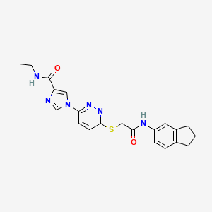 molecular formula C21H22N6O2S B2723588 1-(6-((2-((2,3-dihydro-1H-inden-5-yl)amino)-2-oxoethyl)thio)pyridazin-3-yl)-N-ethyl-1H-imidazole-4-carboxamide CAS No. 1251553-19-1