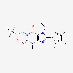 molecular formula C20H28N6O3 B2723651 1-(3,3-Dimethyl-2-oxobutyl)-7-ethyl-3-methyl-8-(3,4,5-trimethylpyrazolyl)-1,3, 7-trihydropurine-2,6-dione CAS No. 1014010-42-4