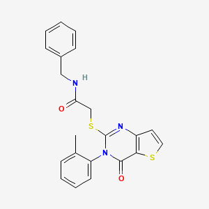 molecular formula C22H19N3O2S2 B2723667 N-苄基-2-{[3-(2-甲基苯基)-4-氧代-3,4-二氢噻吩[3,2-d]嘧啶-2-基]硫代}乙酰胺 CAS No. 1291862-59-3
