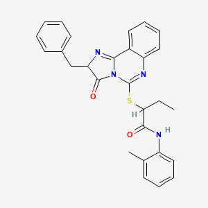molecular formula C28H26N4O2S B2723686 2-((2-benzyl-3-oxo-2,3-dihydroimidazo[1,2-c]quinazolin-5-yl)thio)-N-(o-tolyl)butanamide CAS No. 1052667-30-7