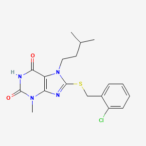 molecular formula C18H21ClN4O2S B2723799 8-[(2-Chlorophenyl)methylsulfanyl]-3-methyl-7-(3-methylbutyl)purine-2,6-dione CAS No. 331841-63-5