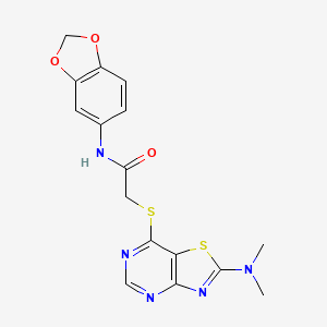 molecular formula C16H15N5O3S2 B2723839 N-(benzo[d][1,3]dioxol-5-yl)-2-((2-(dimethylamino)thiazolo[4,5-d]pyrimidin-7-yl)thio)acetamide CAS No. 1185167-03-6