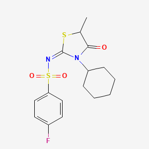 molecular formula C16H19FN2O3S2 B2723843 (E)-N-(3-cyclohexyl-5-methyl-4-oxothiazolidin-2-ylidene)-4-fluorobenzenesulfonamide CAS No. 853747-01-0