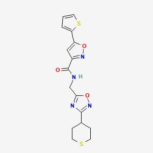 molecular formula C16H16N4O3S2 B2723876 N-((3-(tetrahydro-2H-thiopyran-4-yl)-1,2,4-oxadiazol-5-yl)methyl)-5-(thiophen-2-yl)isoxazole-3-carboxamide CAS No. 2034562-75-7