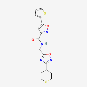 molecular formula C16H16N4O3S2 B2723876 N-((3-(四氢-2H-硫杂环戊烷-4-基)-1,2,4-噁二唑-5-基)甲基)-5-(噻吩-2-基)异噁唑-3-甲酰胺 CAS No. 2034562-75-7