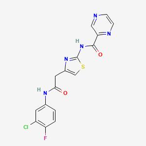 molecular formula C16H11ClFN5O2S B2723885 N-(4-(2-((3-chloro-4-fluorophenyl)amino)-2-oxoethyl)thiazol-2-yl)pyrazine-2-carboxamide CAS No. 1206987-10-1