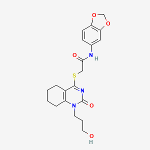 molecular formula C20H23N3O5S B2723891 N-(苯并[d][1,3]二噁杂环-5-基)-2-((1-(3-羟基丙基)-2-氧代-1,2,5,6,7,8-六氢喹唑-4-基)硫)乙酰胺 CAS No. 941979-33-5