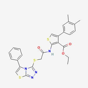 molecular formula C27H24N4O3S3 B2723906 乙酸乙酯 4-(3,4-二甲基苯基)-2-(2-((5-苯基噻唑并[2,3-c][1,2,4]嘧啶-3-基)硫代)乙酰氨基)噻吩-3-羧酸酯 CAS No. 671199-72-7