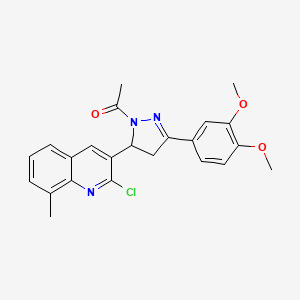 molecular formula C23H22ClN3O3 B2723942 1-[3-(2-Chloro-8-methylquinolin-3-yl)-5-(3,4-dimethoxyphenyl)-3,4-dihydropyrazol-2-yl]ethanone CAS No. 402950-99-6